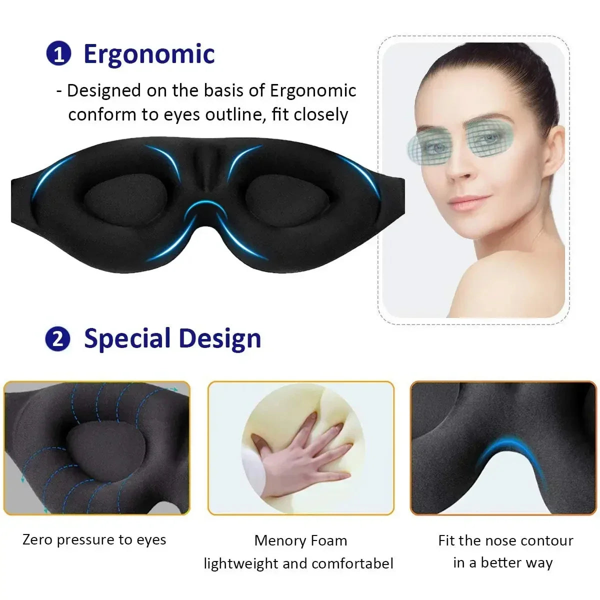 Blindfold Sleeping Eye Mask 3D Contoured Cup Blindfold Concave Molded Night Sleep