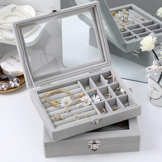 Mistico Velvet Carrying Case With Glass Cover Jewelry Ring Display Box Tray Holder Storage Box Organizer Earrings Bracelet Showcase